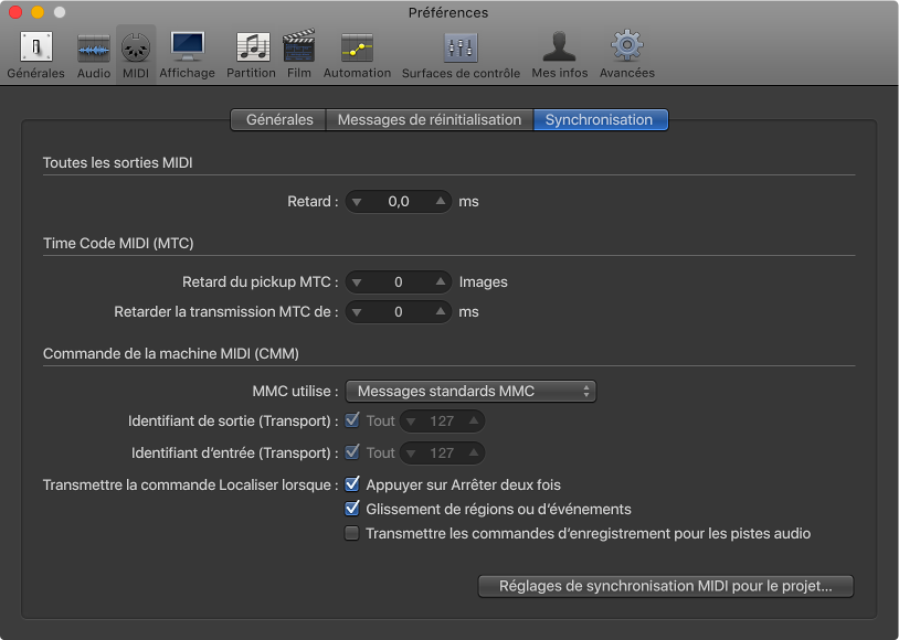Figure. Préférences de synchronisation MIDI.