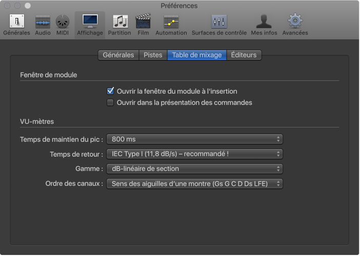 Figure. Préférences d’affichage de la table de mixage.