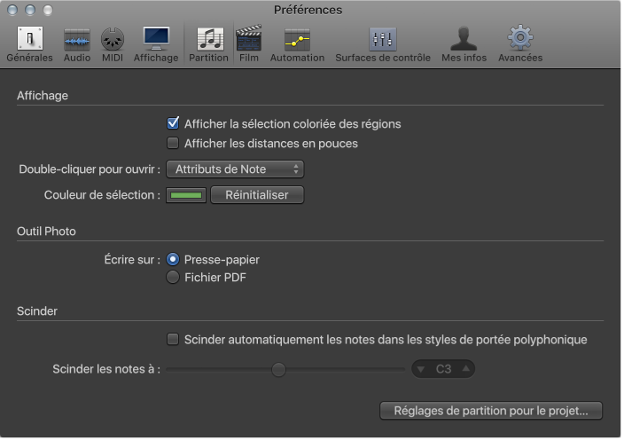 Figure. Préférences de partition.