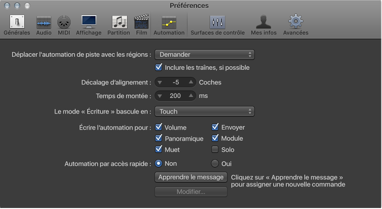 Figure. Préférences d’automation