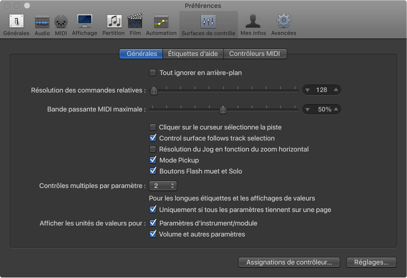 Figure. Préférences générales des surfaces de contrôle.