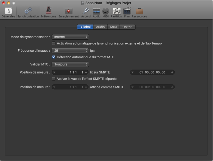 Figure. Réglages de synchronisation généraux.