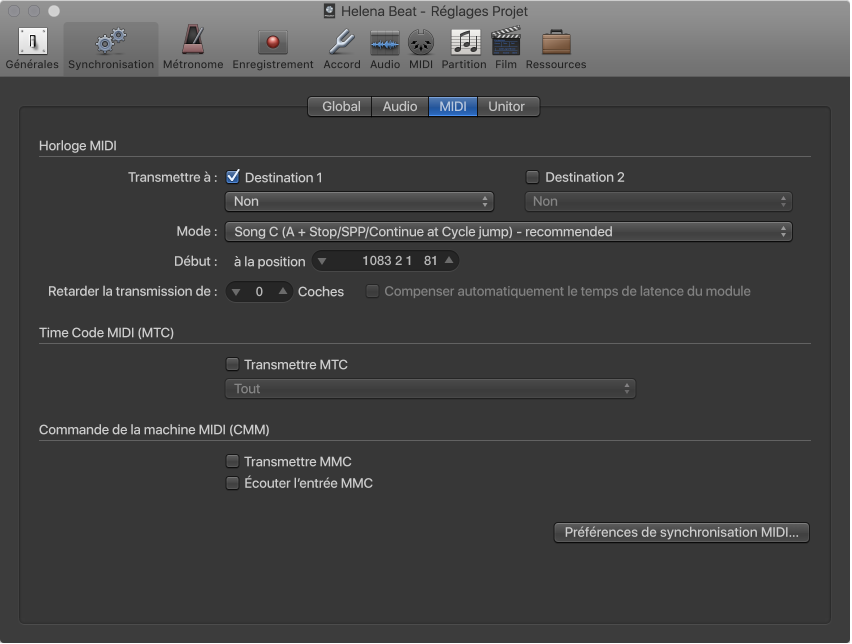 Figure. Réglages de synchronisation MIDI.