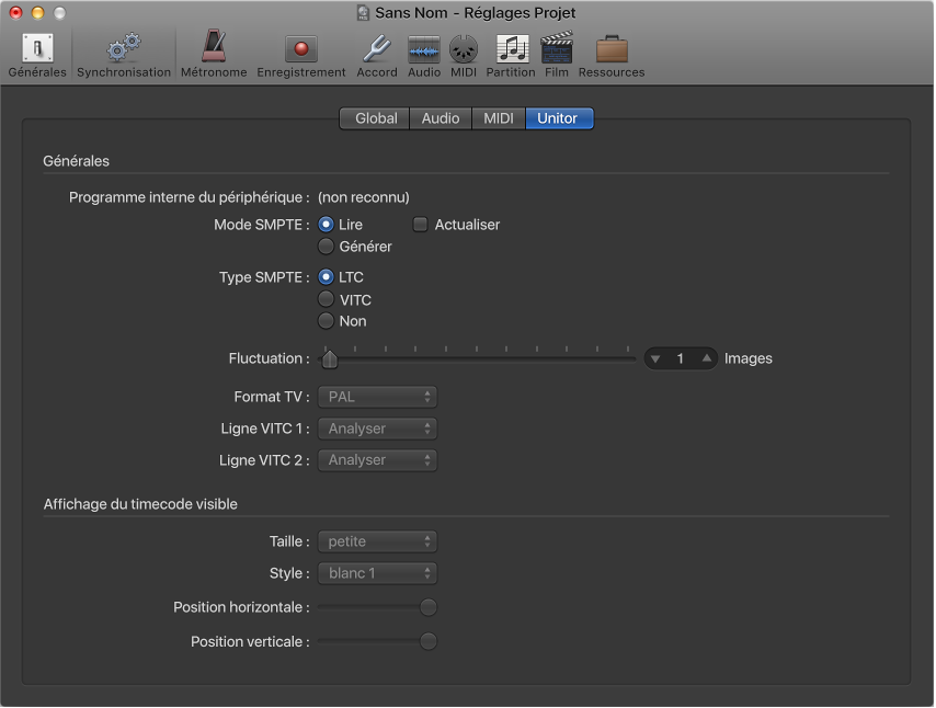 Figure. Réglages de synchronisation Unitor.