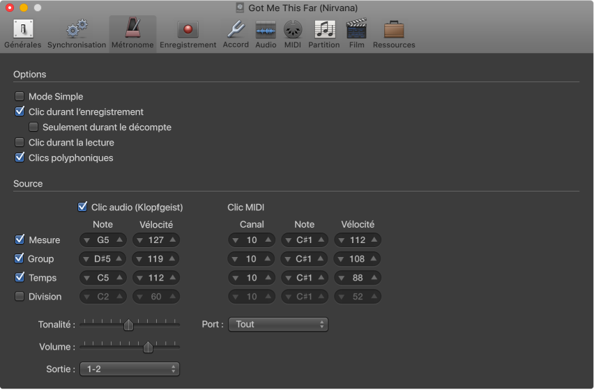 Figure. Réglages Métronome.
