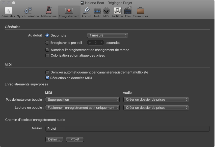 Figure. Réglages d’enregistrement.