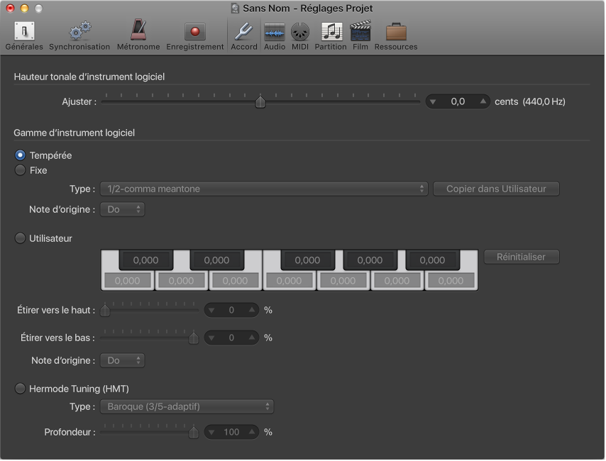 Figure. Réglages d’accord.