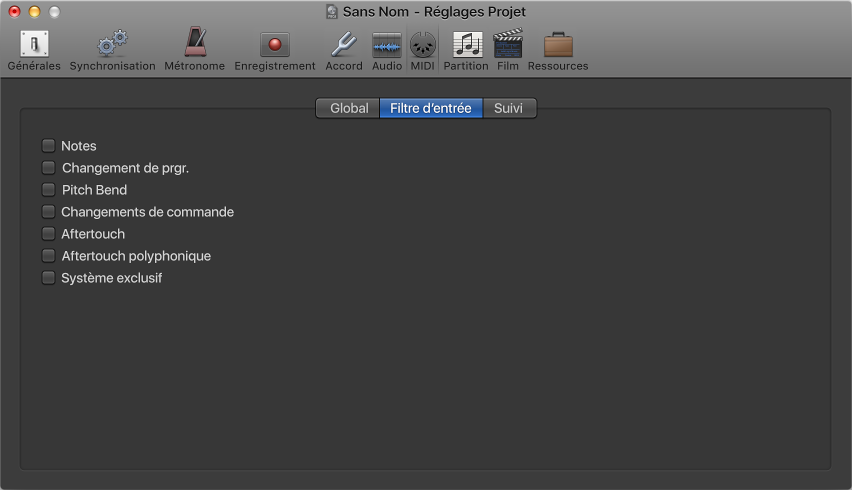 Figure. Réglages Filtre d’entrée.