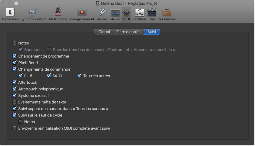 Figure. Réglages de suivi MIDI.