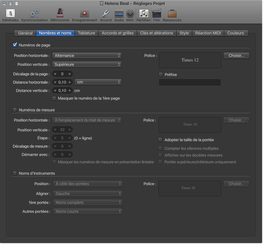 Figure. Réglages Numéros et noms de partition.
