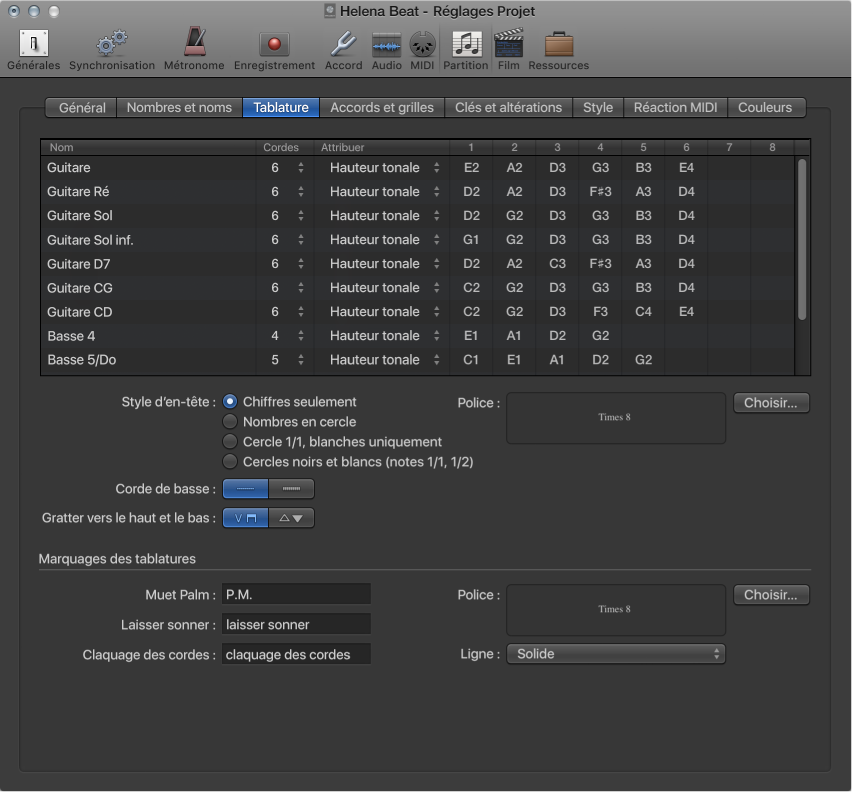 Figure. Réglages de tablature de la partition.