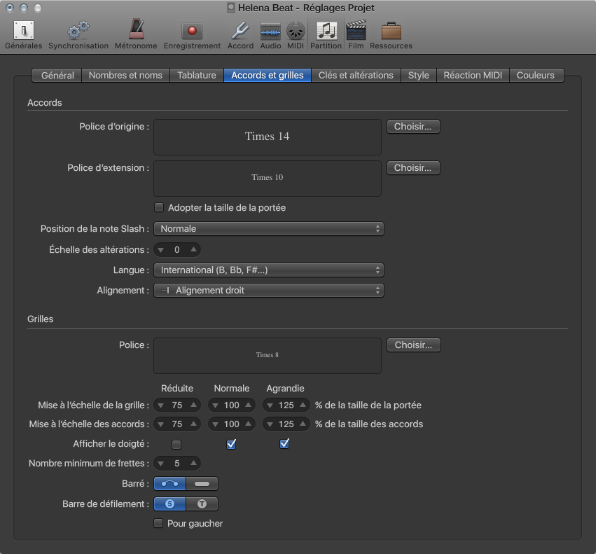 Figure. Réglages Accords et grilles.