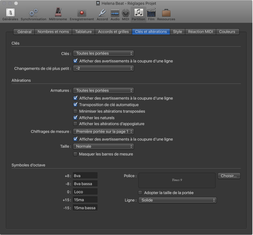 Figure. Réglages Clés et altérations.