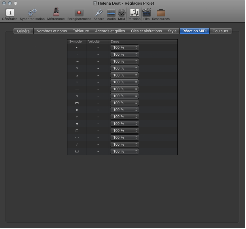Figure. Réglages Réaction MIDI.
