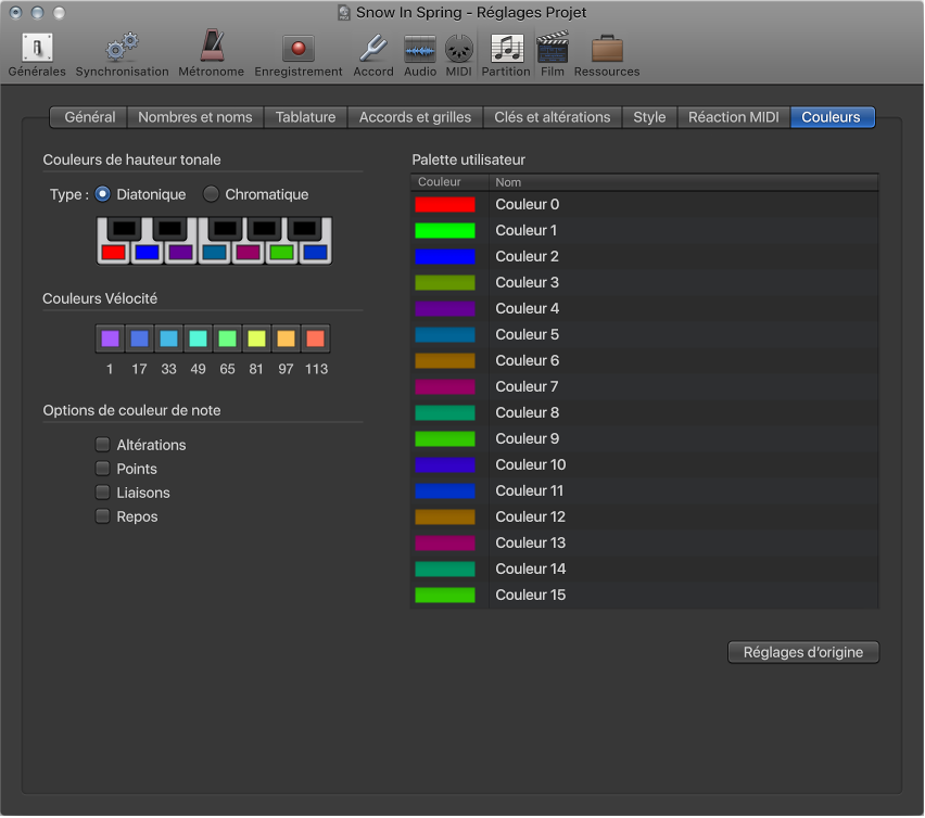 Figure. Réglages Couleurs de la partition.