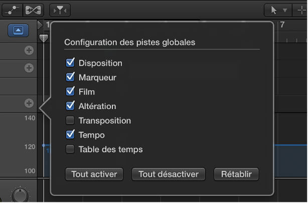 Figure. Zone de dialogue Configuration des pistes globales.