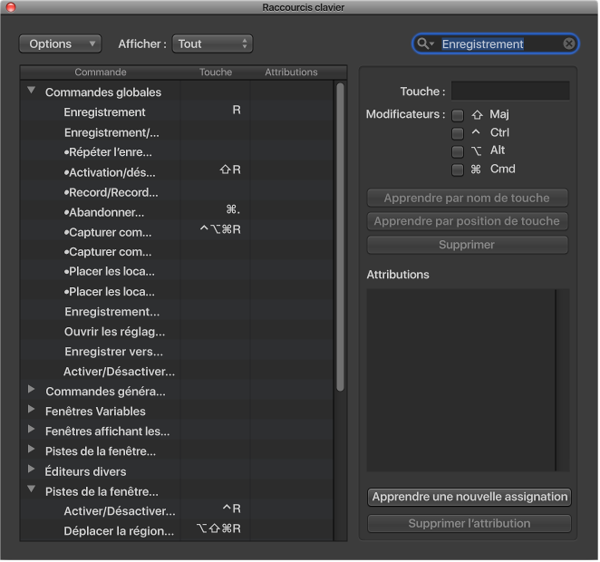 Figure. Recherche d’un raccourci clavier.