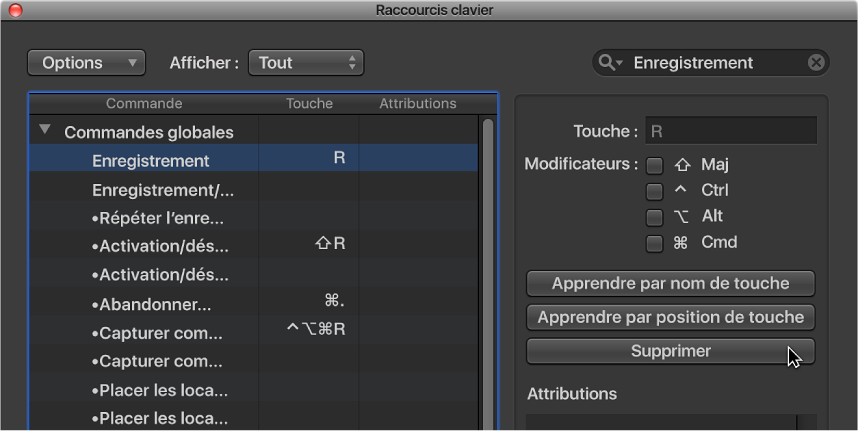 Figure. Suppression d’une attribution de raccourci clavier.