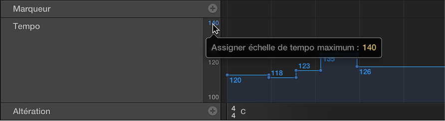 Figure. Glissement des valeurs d’échelle de tempo dans l’affichage du tempo.