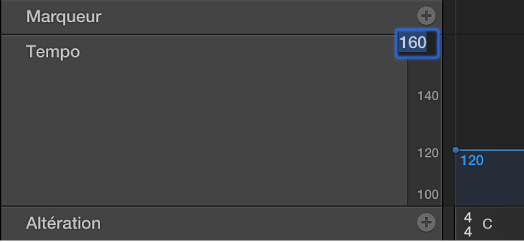 Figure. Saisie de valeurs d’échelle de tempo dans l’affichage du tempo.