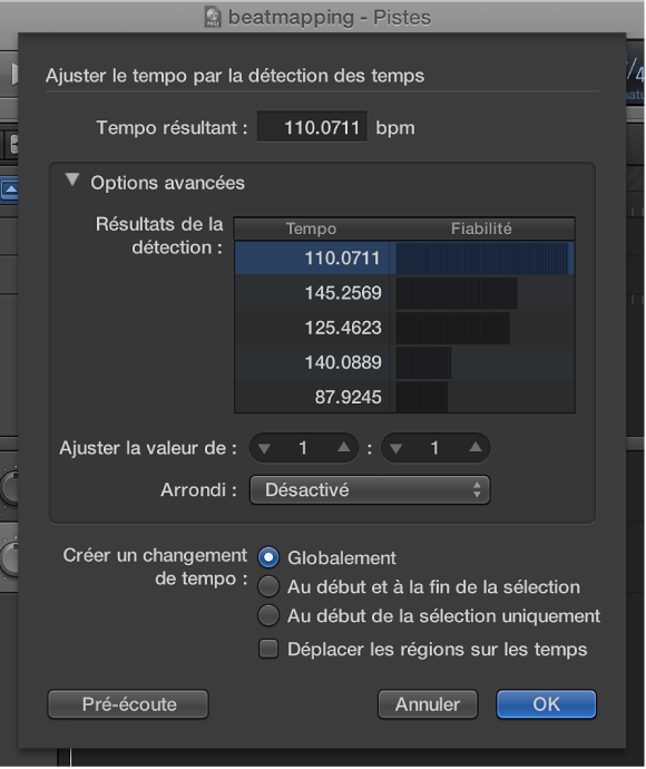 Figure. Ajustement du tempo à l’aide de la zone de dialogue Détection des temps.