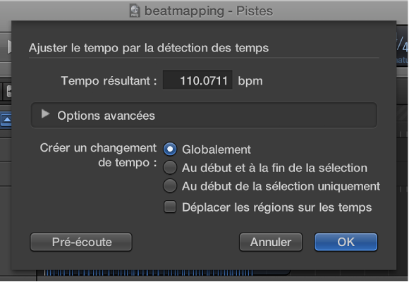 Figure. Ajustement du tempo à l’aide de la zone de dialogue Détection des temps.