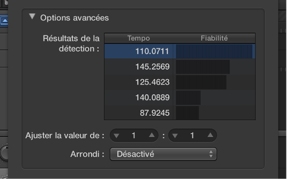 Figure. Zone de dialogue « Ajuster le tempo par la détection des temps » avec options avancées.