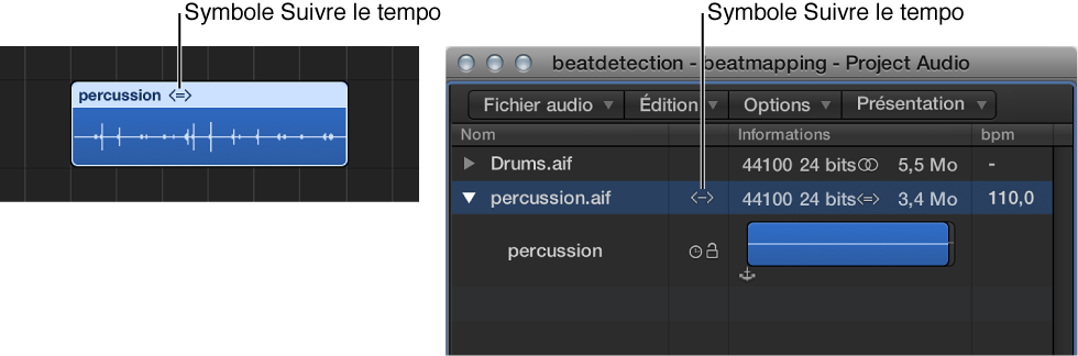 Figure. Symbole Suivre le tempo sur une région audio et dans le navigateur audio du projet.