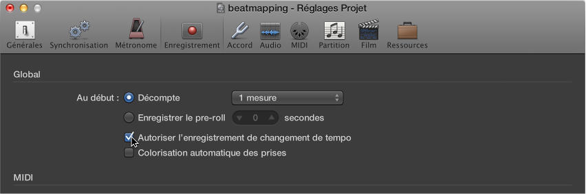 Figure. Sous-fenêtre Enregistrement des réglages de projet.