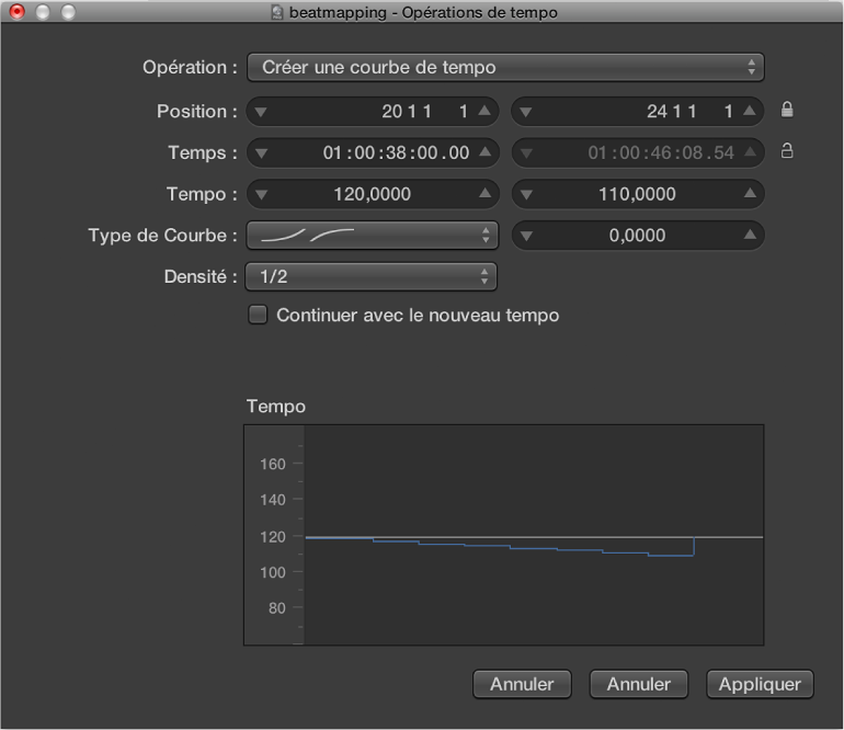 Figure. Fenêtre Opérations de tempo.