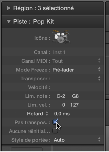 Figure. Zone de paramètre de piste avec la case « Pas transpos. » cochée.