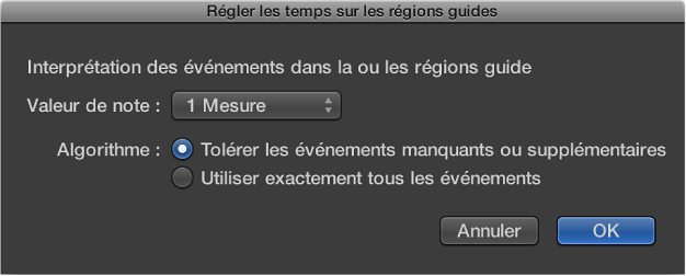 Figure. Zone de dialogue « Régler les temps sur les régions guides ».
