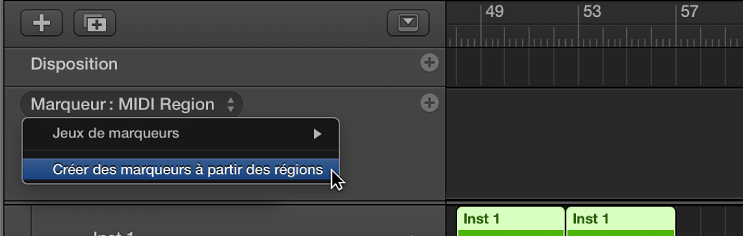 Figure. Piste des marqueurs affichant la commande de menu « Créer des marqueurs à partir des régions ».