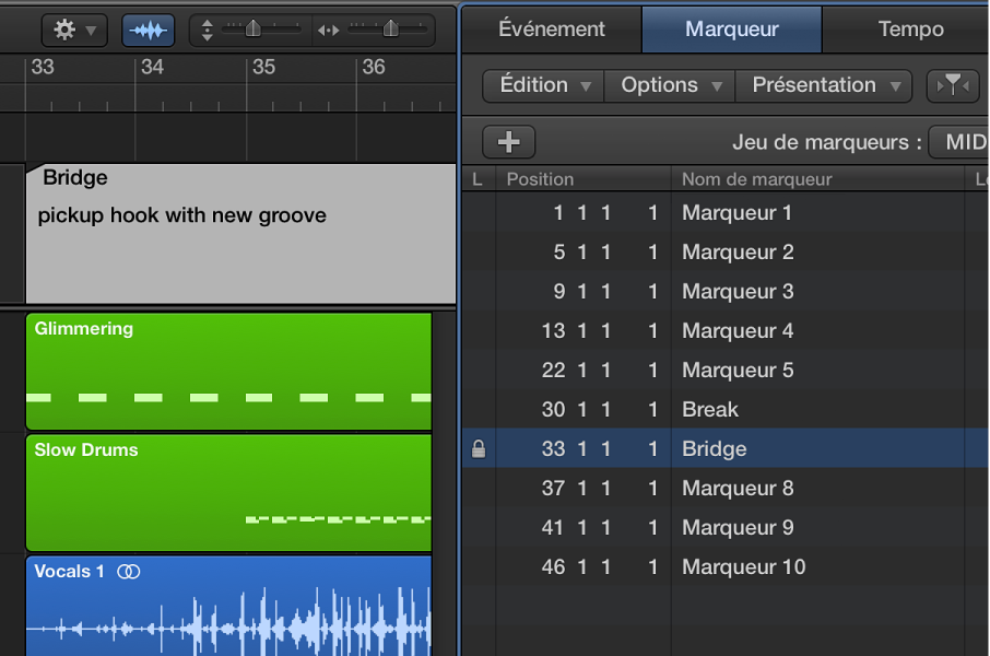Figure. Nom de marqueur assorti d’un symbole représentant un cadenas indiquant l’état de verrouillage.