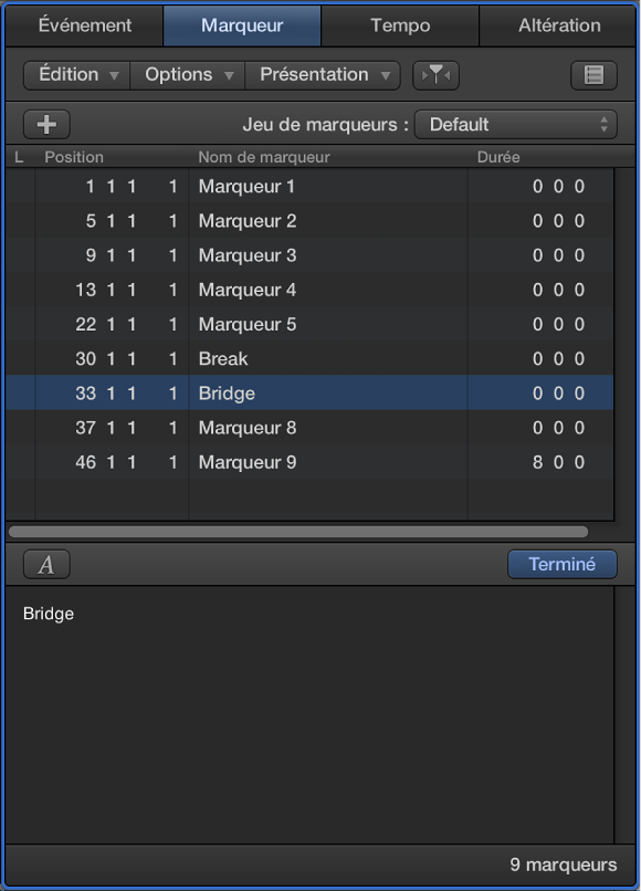 Figure. Liste des marqueurs avec marqueur en cours de changement de nom.