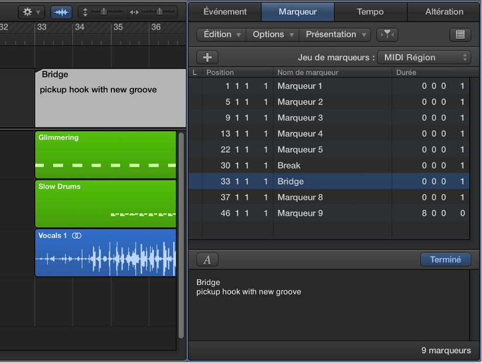 Figure. Liste des marqueurs avec première ligne de la zone Texte des marqueurs utilisée comme nom de marqueur.