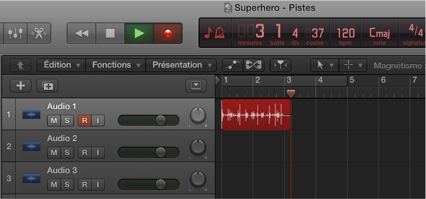 Figure. Région audio enregistrée apparaissant en rouge dans la zone Pistes.