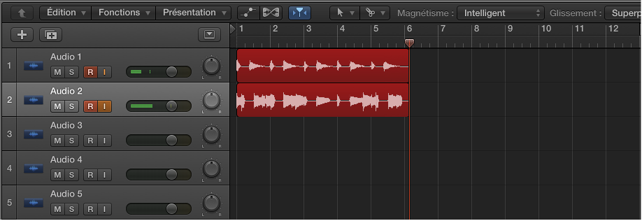 Figure. Enregistrements audio sur deux pistes audio.