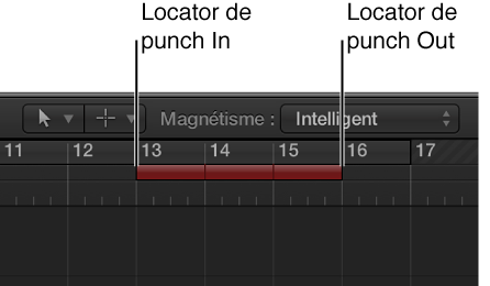 Figure. Locators de punch d’entrée et de sortie de la zone Autopunch.