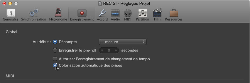 Figure. Sélection, dans la sous-fenêtre des réglages de projet d’enregistrement, de prises de couleur attribuée automatiquement.