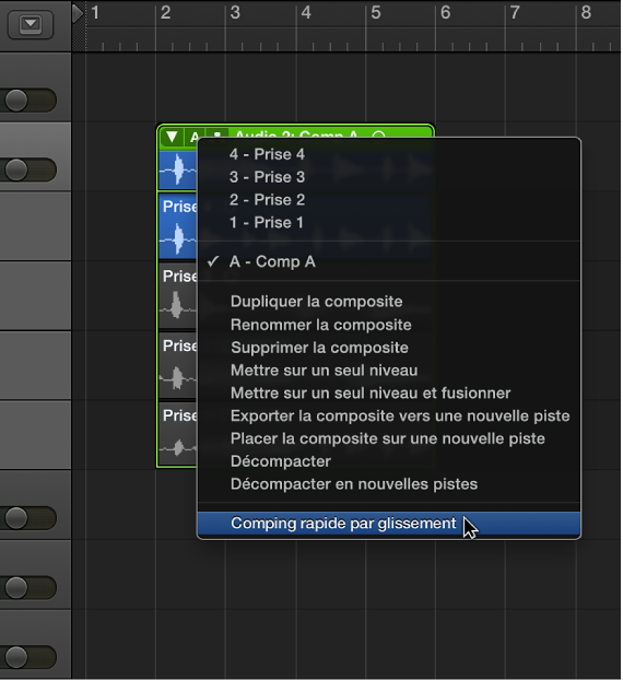 Figure. Sélection de l’option « Comping rapide par glissement » dans le menu local.