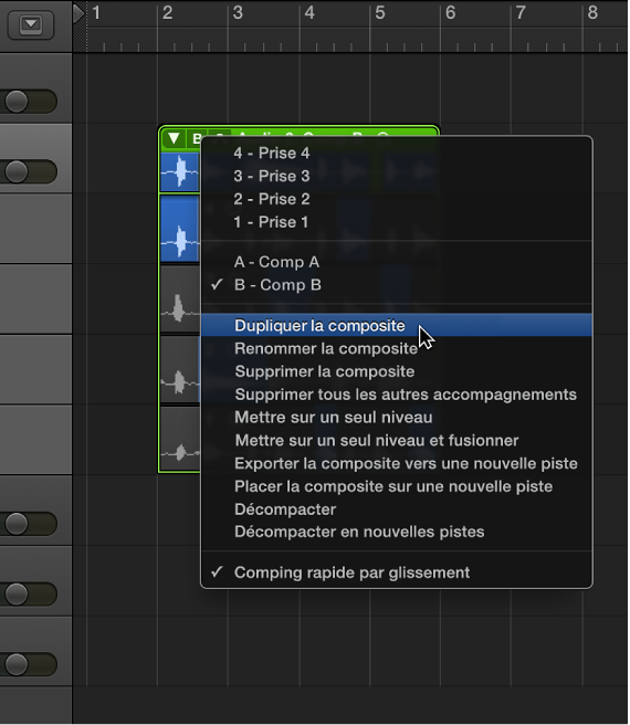 Figure. Sélection de Dupliquer la composite dans le menu local.