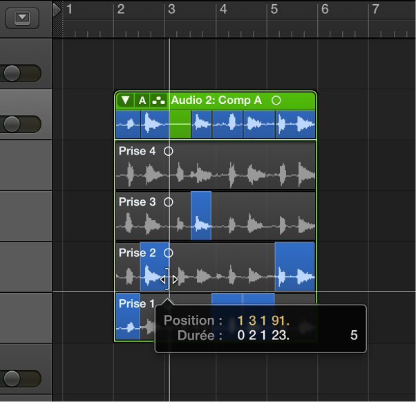 Figure. Déplacement du point d’arrivée d’une sélection dans une prise tout en maintenant la touche Majuscule.