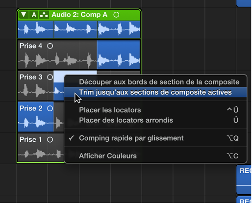Figure. Sélection de « Trim jusqu’aux sections de composite actives » dans le menu contextuel.