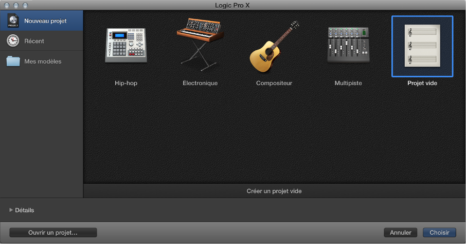 Figure. Sélecteur de projet avec l’option Projet vide sélectionnée.