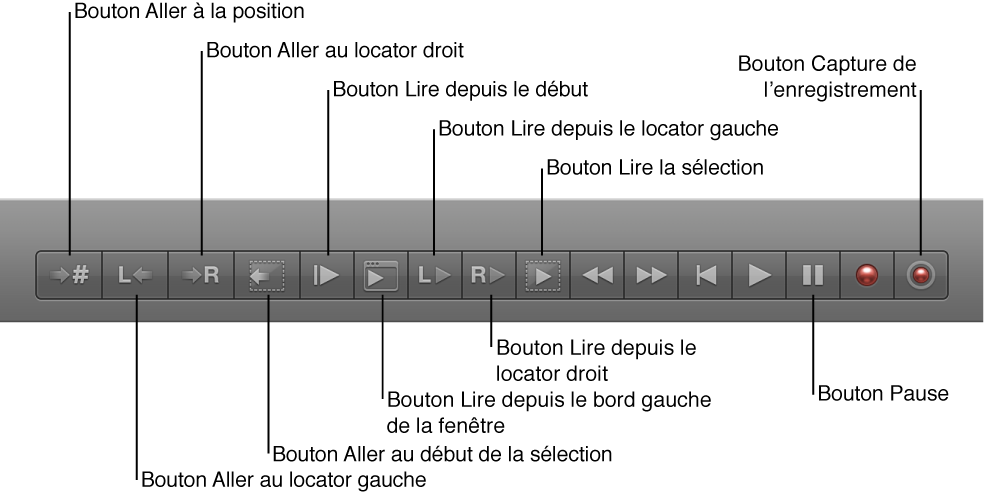 Figure. Boutons de transport, avec tous les boutons supplémentaires.