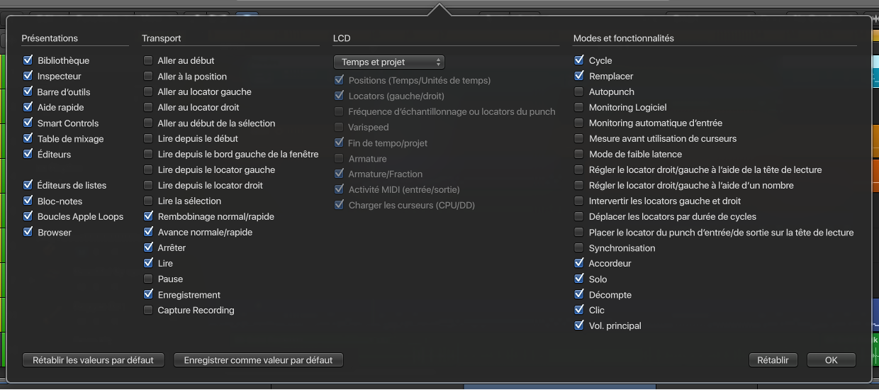 Figure. Zone de dialogue « Personnaliser la barre de transport ».