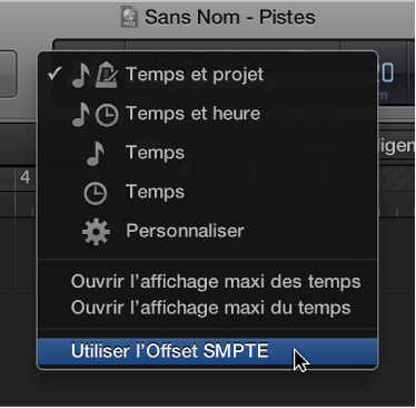 Figure. Menu contextuel de l’écran LCD, avec le réglage « Utiliser l’Offset SMPTE » sélectionné.