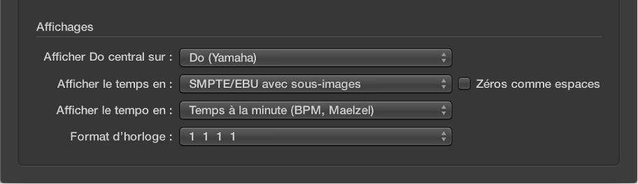 Figure. Section Affichages de la sous-fenêtre Général des préférences Affichage.