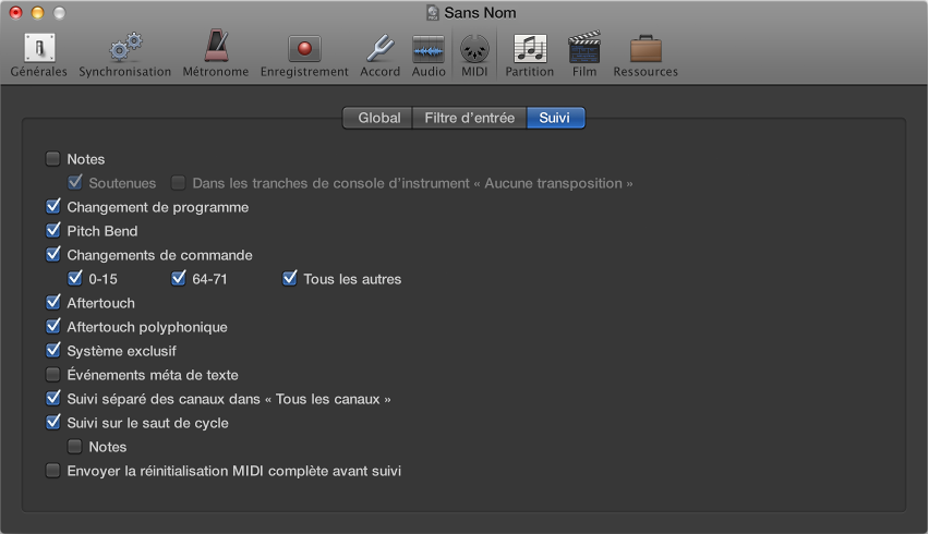 Figure. Sous-fenêtre Suivi dans les réglages MIDI du projet.